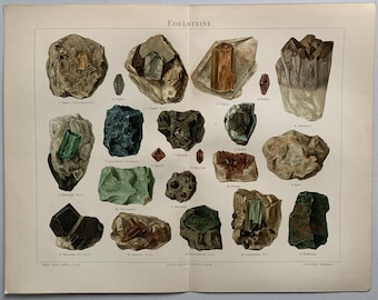 Pode incluir: Uma ilustração vintage de várias pedras preciosas, incluindo topázio, safira, esmeralda, ametista e opala. A imagem é rotulada como "Edelsteine", que é alemão para "pedras preciosas".