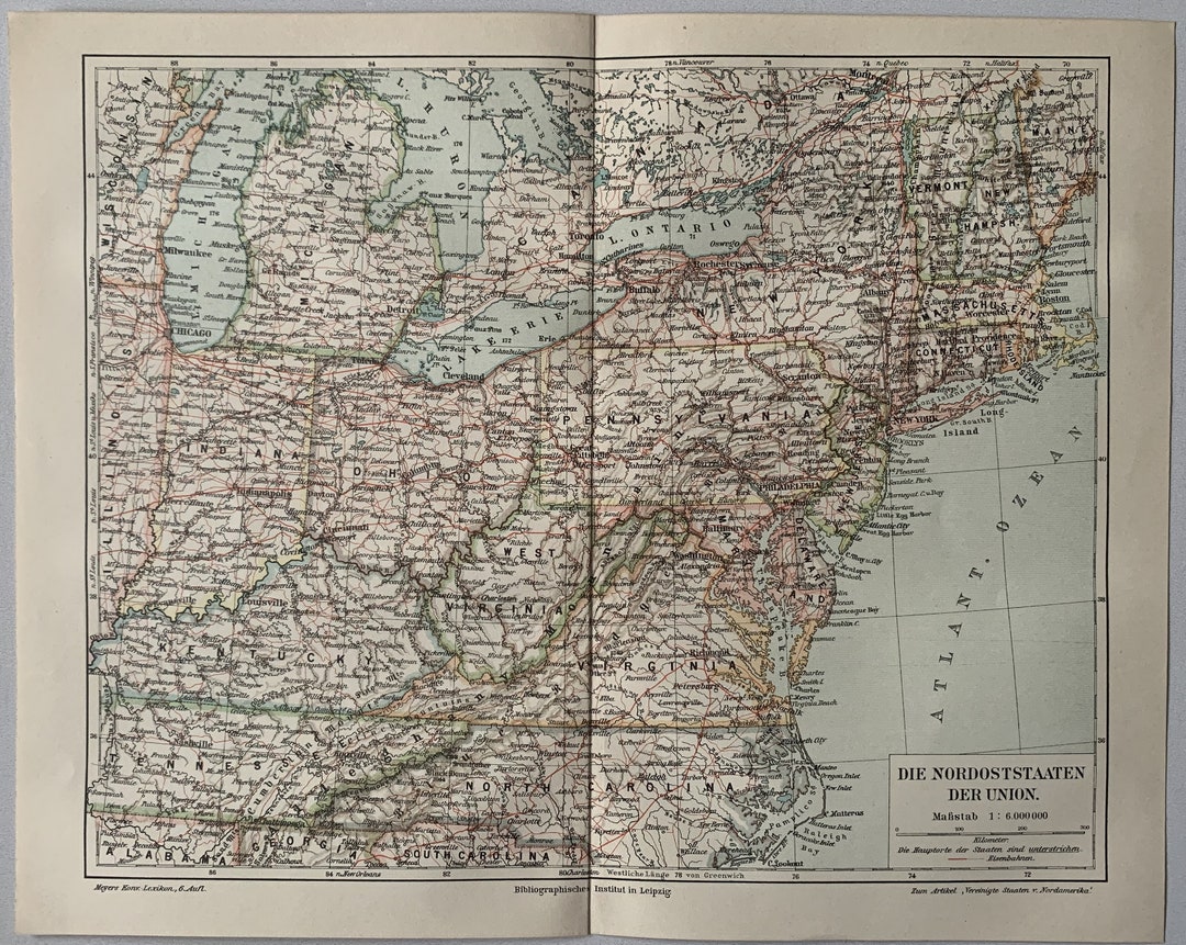 North America / Orig. 1909 Antique Map of USA With North Eastern States ...