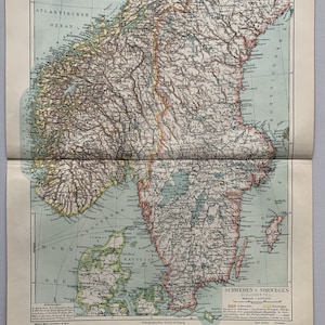 Northern Europe / Orig. 1909 Antique Map of Southern Sweden and Norway
