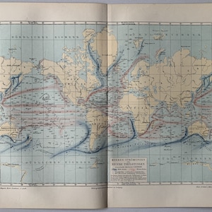 Océans du monde / Orig. Carte ancienne de 1896 des courants océaniques