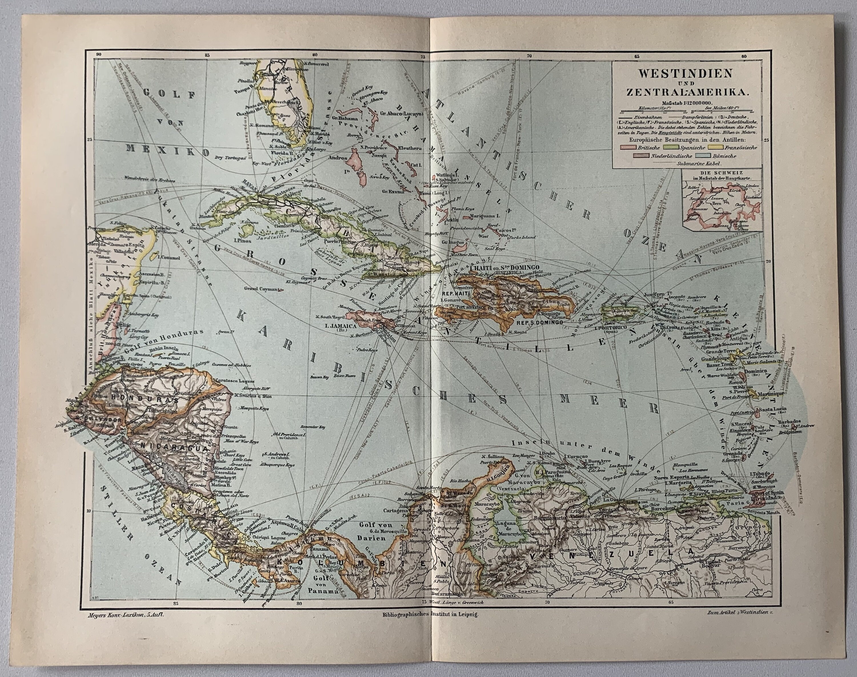 Central America / Orig. 1897 Antique Map of West Indies and Central ...