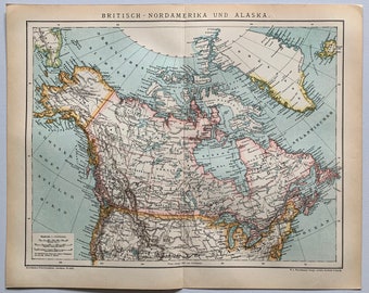 North America / Original 1892 Antique Map of Canada - Alaska - Greenland