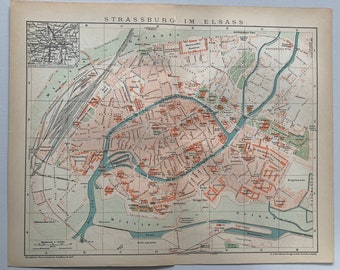 FR Strasbourg / Original 1895 Antique City Plan of Strasbourg