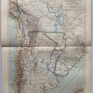Amérique du Sud / Orig. 1893 Carte ancienne du Chili - Bolivie - Paraguay - Argentine - Uruguay