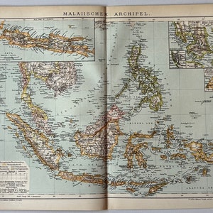May include: A vintage map of the Malay Archipelago, showing the islands of Java, Sumatra, Borneo, and the Philippines. The map is printed in shades of blue, green, and brown, with text in German. The title "MALAISCHER ARCHIPEL" is printed at the top of the map.