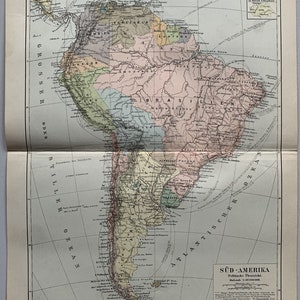 Zuid-Amerika / origineel Antieke kaart van Zuid-Amerika uit 1896