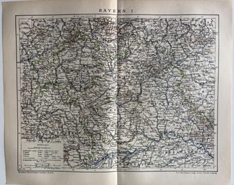 DE Bayern / Mapa antiguo original de 1897 del Estado Libre de Baviera - Baviera