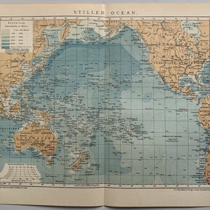 Océans du monde / Orig. Carte ancienne de 1895 de l'océan Pacifique
