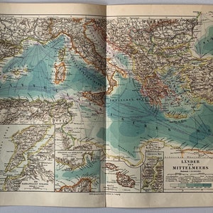 Weltmeere / Orig. 1906 Antike Karte des Mittelmeeres und der Länder