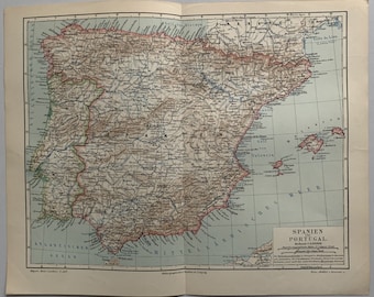 ES PT Spain Portugal / Orig. 1897 Antique Map of Spain and Portugal