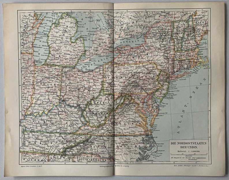North America / Orig. 1897 Antique Map of USA With North Eastern States ...
