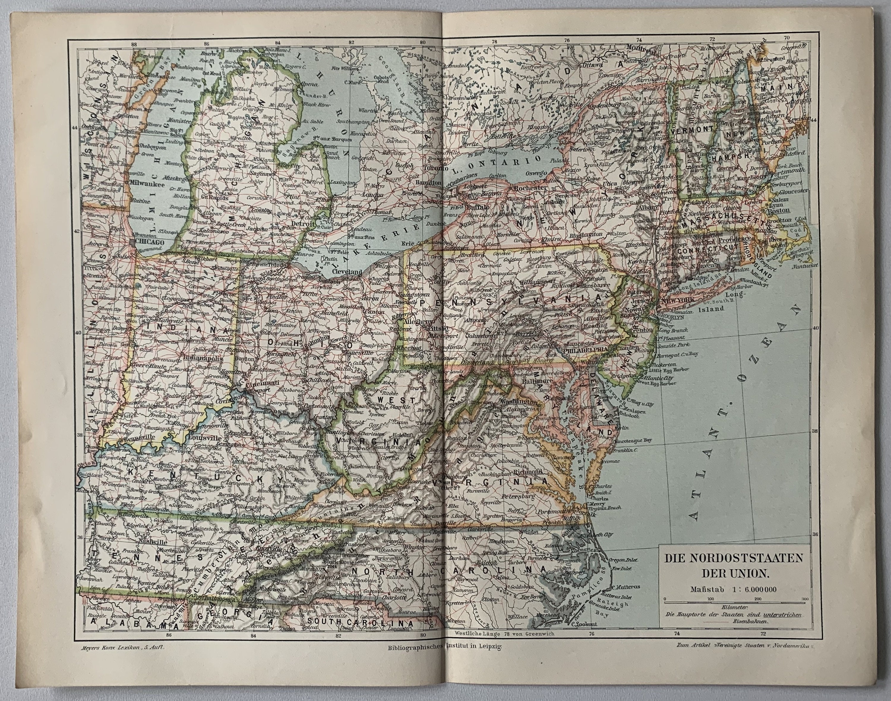 North America / Orig. 1897 Antique Map of USA With North Eastern States ...