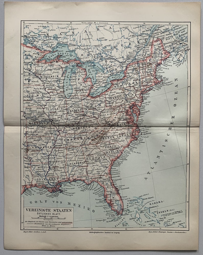 North America / Orig. 1897 Antique Map of USA With Eastern States - Etsy