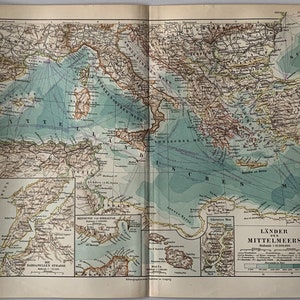 mediterran / Orig. 1897 Antike Karte des Mittelmeeres und der Länder
