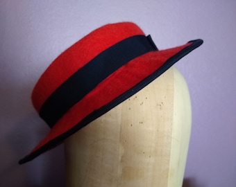 Edwardian 1930s 1940s vintage inspired handmade ladies' women's red and navy wool felt boater sailor hat for her