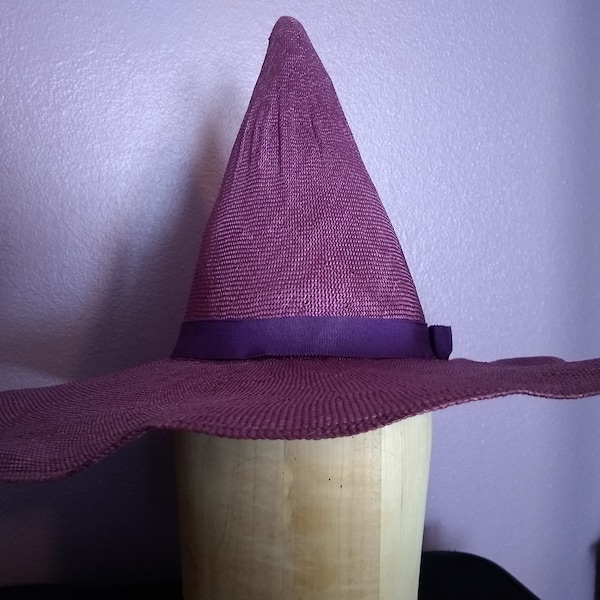 Purple handmade blocked straw witch hat with purple ribbon ladies' women's for her