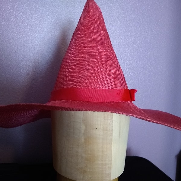 Bright hot fuschia pink OOAK handmade blocked straw witch hat with vintage pink ribbon women's ladies' for her