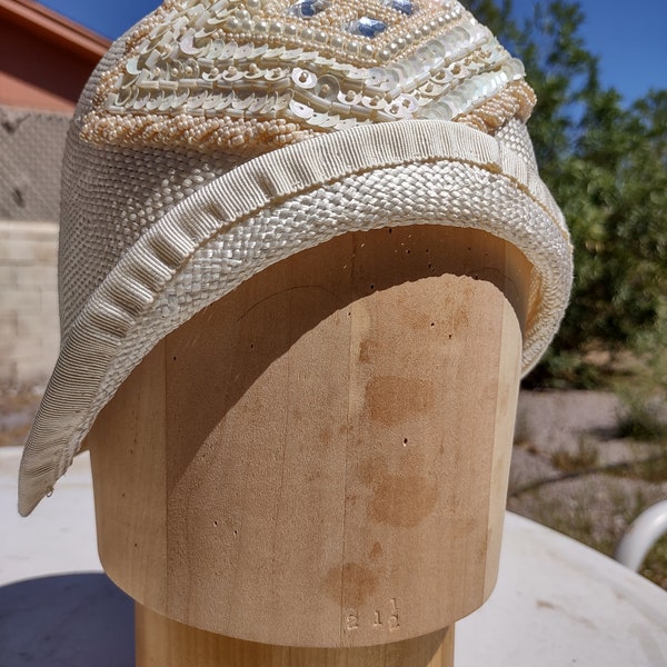 1920s handmade vintage inspired reproduction ladies' women's ivory straw bridal cloche hat with pearl and sequin beaded detail for her
