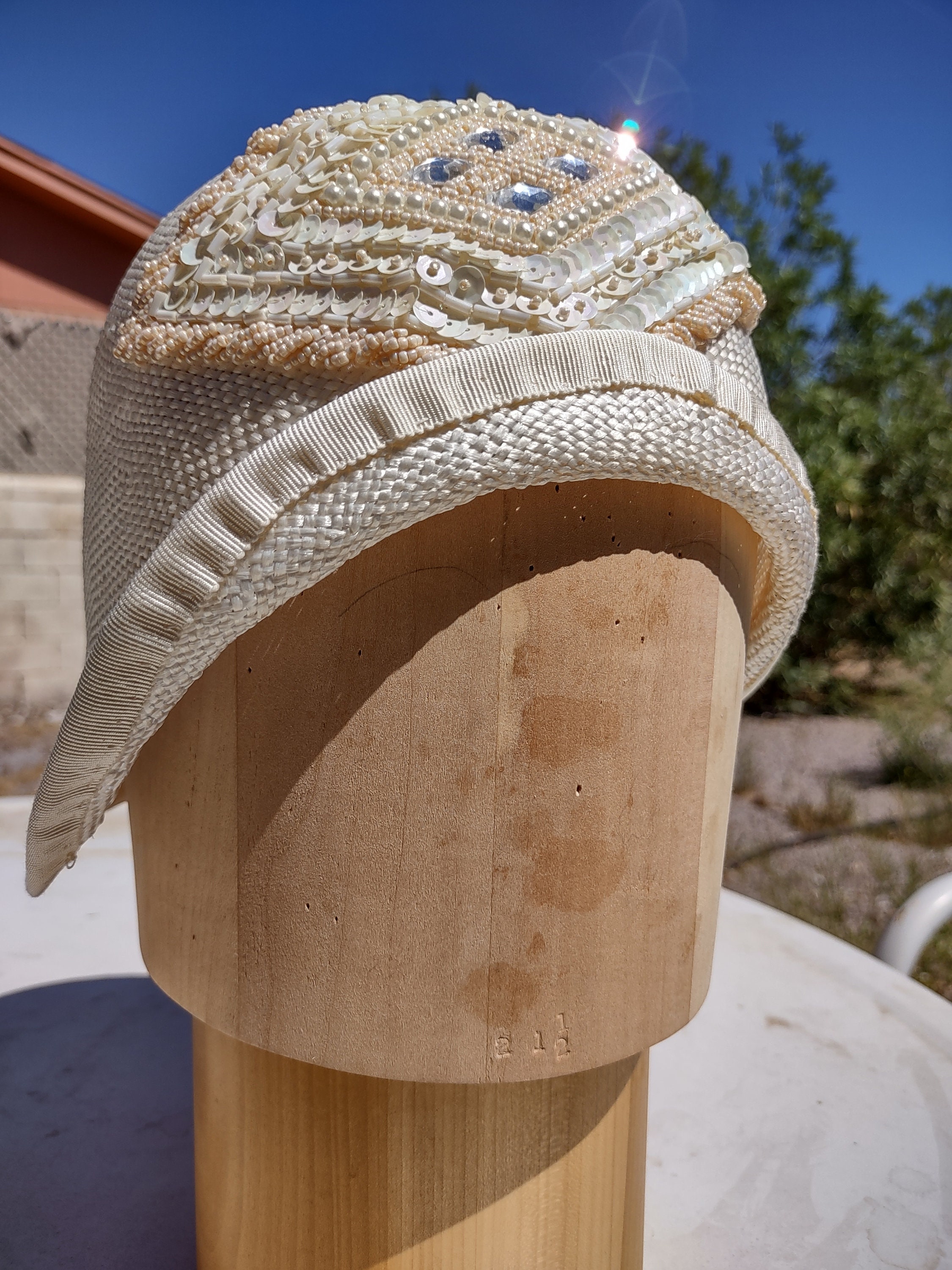 1920s Inspired Ivory Straw Cloche Hat: Pearl & Sequin Beaded 
