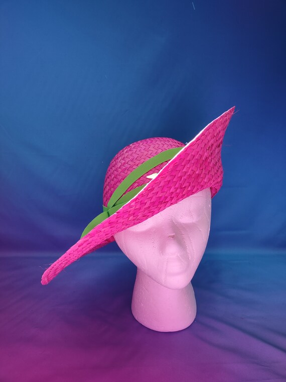 Handmade Hot Pink Straw Hat: Asymmetrical Brim With Lime  display picture 3