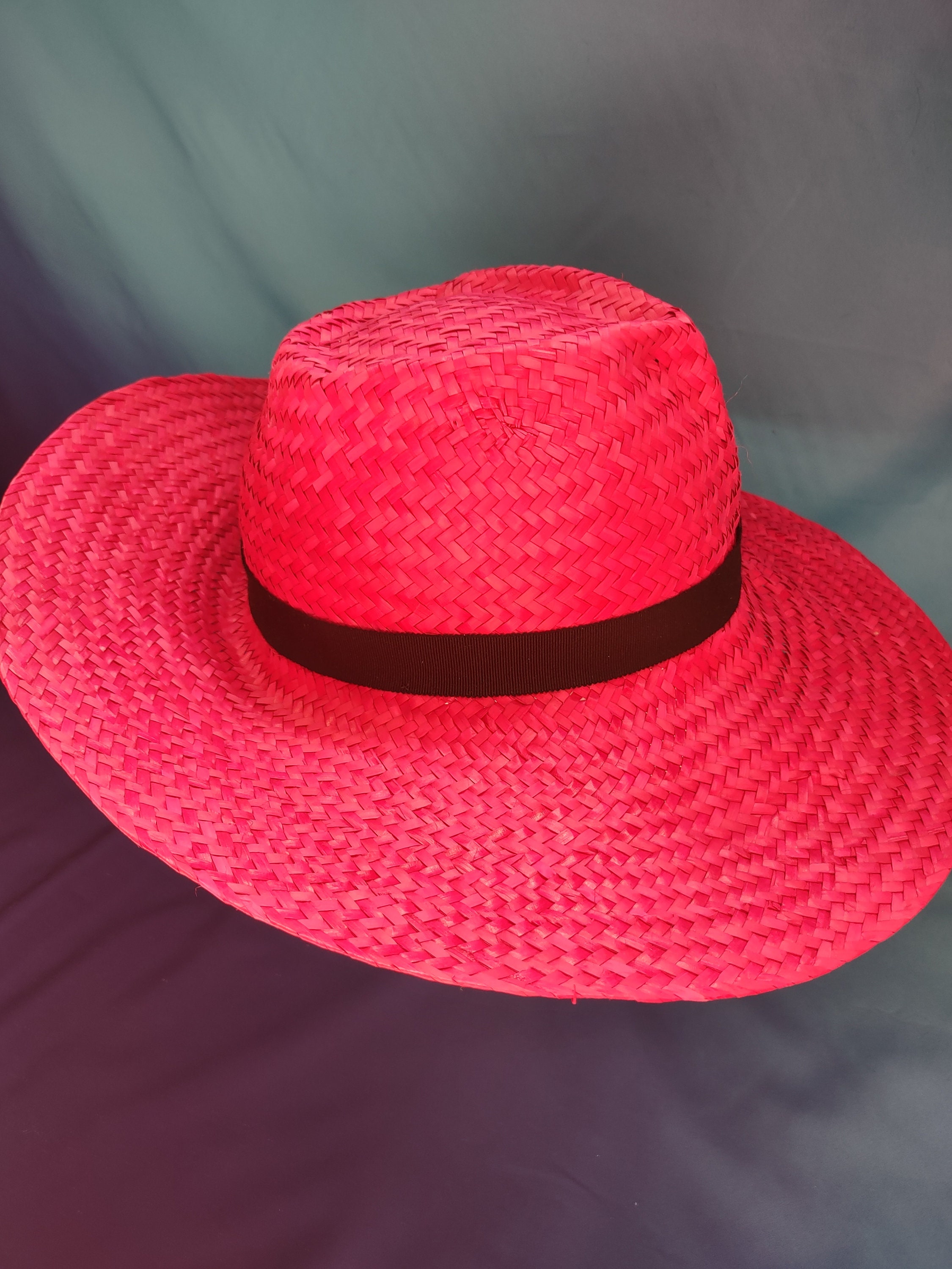 Handmade Hot Pink Straw Fedora: Wide Brim Sun Hat With Black 