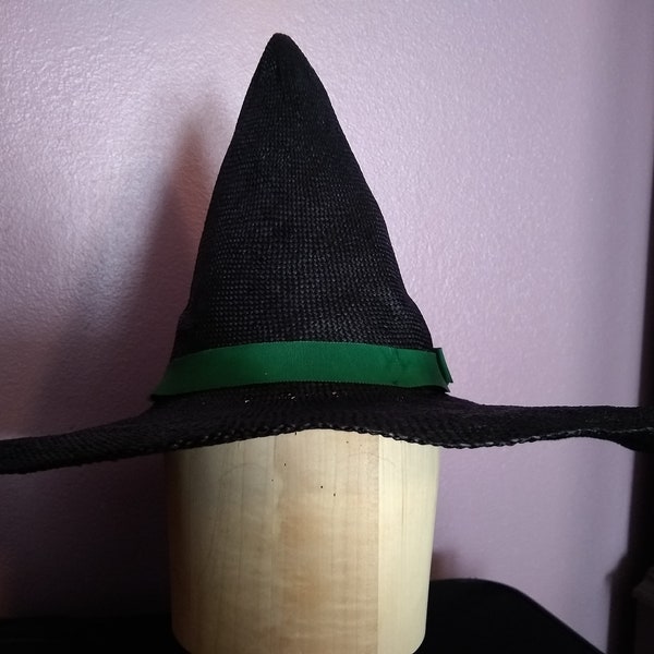 Navy blue handmade blocked straw witch hat with vintage green ribbon