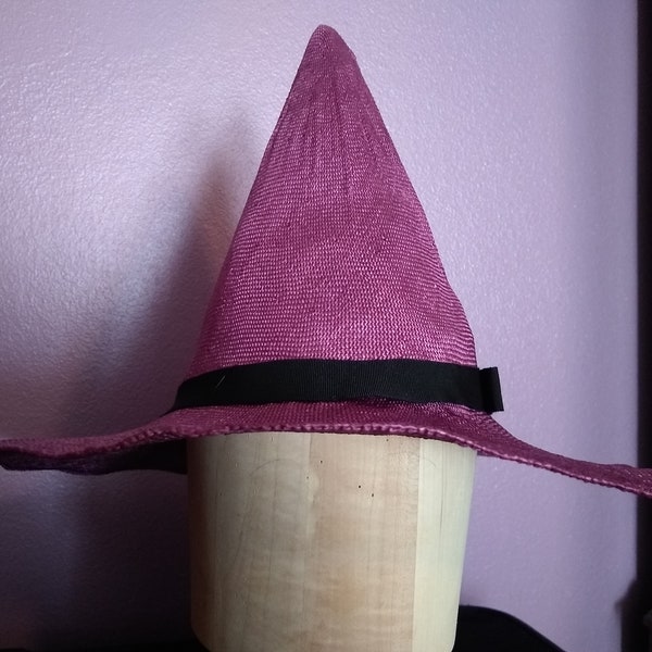 Purple handmade blocked straw witch hat with black ribbon women's ladies' for her