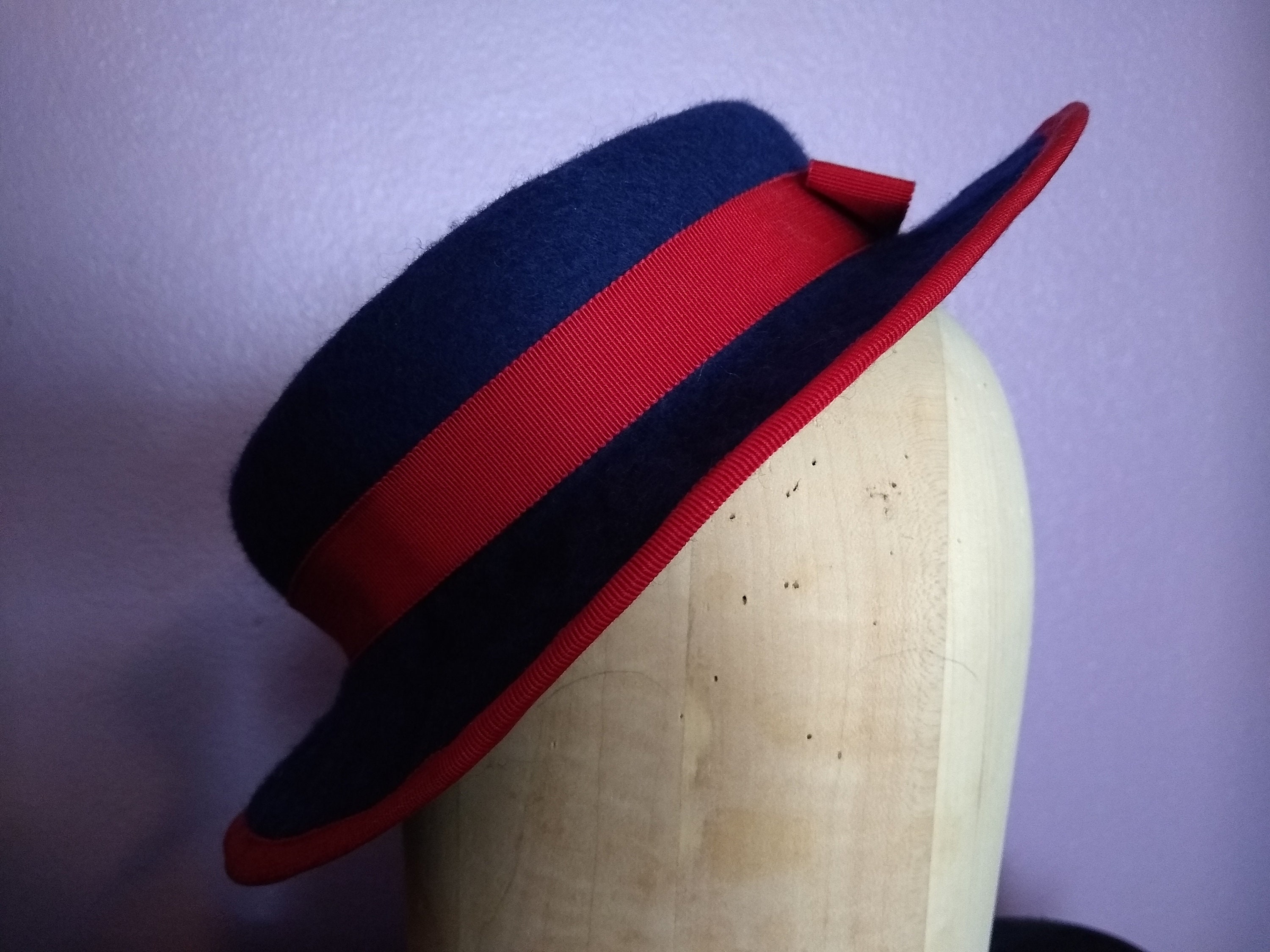 Handmade Navy Wool Felt Boater Hat: 1930s Red Ribbon Sailor Style