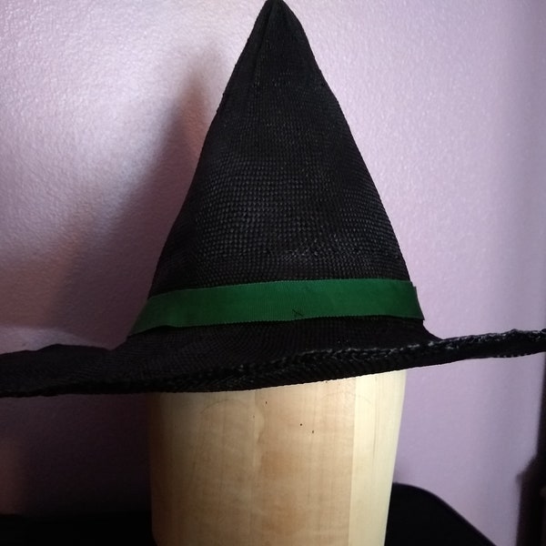 Black handmade blocked straw witch hat with vintage emerald green ribbon ladies' women's for her