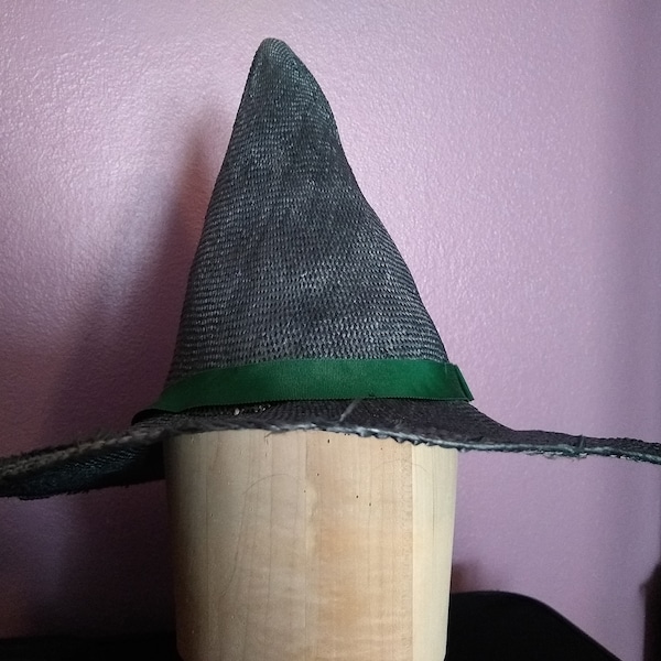 Blue handmade blocked straw witch hat with vintage green ribbon ladies' women's for her