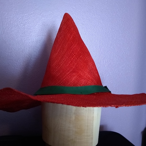 Cherry scarlet Red handmade blocked straw witch hat with vintage  emerald green ribbon ladies' women's for her