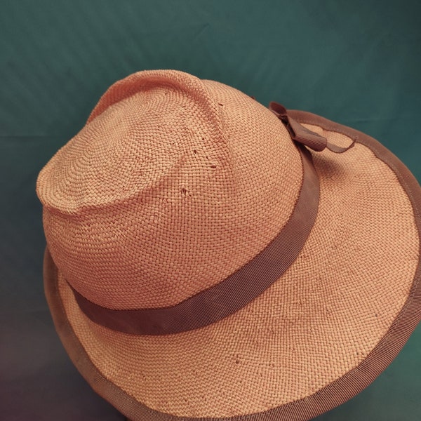 1930s handmade vintage inspired reproduction ladies' women's light pink straw fedora hat with hand dyed purple ribbon for her