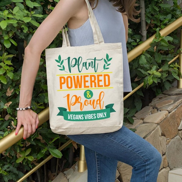 Vegan Tote Bag, Plant Powered & Proud, Canvas Tote Bag, Ecobag, Vegan Gift, Vegan Book Bag, Vegan Shopping Bag