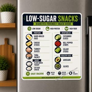 May include: A rectangular refrigerator magnet featuring a Low-Sugar Snacks guide. The white sign includes green and black text, icons, and illustrations of food items like hard-boiled eggs, cheese sticks, turkey, tuna, yogurt, and vegetables.