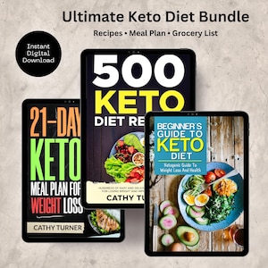 Op de afbeelding: Afbeelding van drie digitale tablets met keto-dieetgidsen. De tablets tonen de titels "Ultimate Keto Diet Bundle", "500 Keto Diet Recipes", "21-Day Keto Meal Plan for Weight Loss" en "Beginner's Guide to Keto Diet". De tekst "Instant Digital Download" is ook aanwezig.