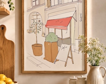 Stampa digitale per la decorazione di pareti di una cucina in stile europeo, arredamento da bistrot francese, stampa neutra per caffetteria, poster minimalista per bar, arte digitale da parete.