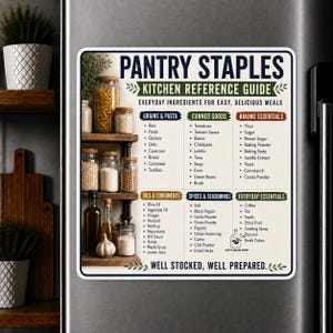 May include: A rectangular refrigerator magnet featuring a kitchen reference guide titled Pantry Staples. The design includes lists of grains, pasta, canned goods, baking essentials, oils, condiments, spices, seasonings, and everyday essentials.