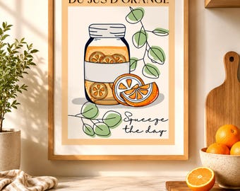 Art mural cuisine française à imprimer, jus d'orange décoration de cuisine à télécharger, impression cuisine agrumes, affiche de fruits minimaliste moderne, art numérique