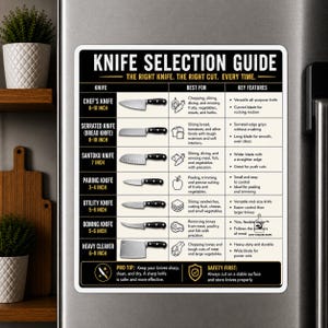 Puede incluir: Un letrero de cocina magnético rectangular titulado Knife Selection Guide. Presenta una tabla que enumera siete tipos de cuchillos con sus medidas en pulgadas, ilustraciones de alimentos y características clave en texto negro, blanco y dorado.