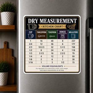 Peut inclure: Un aimant de cuisine rectangulaire présentant un tableau de mesures sèches avec des colonnes pour les tasses, cuillères à soupe, cuillères à café, onces et millilitres. Le design inclut des icônes de verre doseur, cuillères et balance.