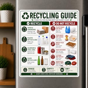Recycling Guide Magnet, 4"×4" and 6"×6", Recycling Cheat Sheet, What Can Be Recycled Chart, Kitchen Recycling Reference, Eco-Friendly