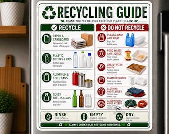 Recycling Guide Magnet, 4"×4" and 6"×6", Recycling Cheat Sheet, What Can Be Recycled Chart, Kitchen Recycling Reference, Eco-Friendly