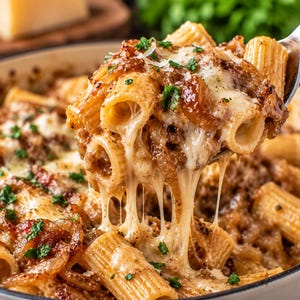 Puede incluir: Una porción de pasta rigatoni horneada levantada con una cuchara de metal, con fideos tubulares cubiertos en una salsa marrón sabrosa con hilos de queso blanco derretido, cebollas caramelizadas y perejil verde fresco.