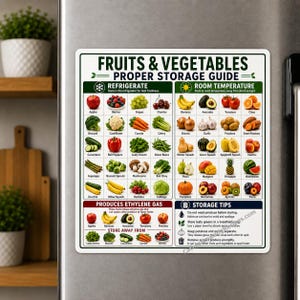 May include: A rectangular refrigerator magnet featuring a Fruits & Vegetables Proper Storage Guide. The chart displays colorful illustrations of produce categorized by refrigeration, room temperature, and ethylene gas storage requirements.