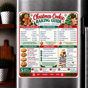 May include: A rectangular refrigerator magnet featuring a Christmas Cookie Baking Guide with red and green borders. It includes sections for dough chilling, oven temperatures, baking times, texture tips, doneness, and essentials with text.