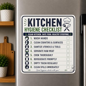 Kitchen Hygiene Checklist Magnet, Food Safety Magnet (3 Sizes) Kitchen Cleaning Checklist, Food Prep Guide, Refrigerator Magnet