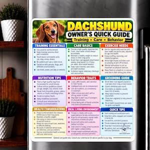May include: A rectangular refrigerator magnet titled Dachshund Owner's Quick Guide featuring a brown dachshund photo and nine sections of text covering training, care, exercise, nutrition, behavior, grooming, health, living environment, and quick tips.