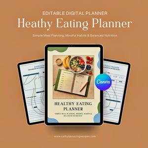 Digital planerare för hälsosam kost, måltidsplanering, Canva-mall (utskrivbar PDF-bonus ingår)