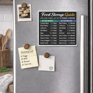 Puede incluir: Un refrigerador con un imán "Guía de almacenamiento de alimentos", una foto de productos horneados y una lista de compras. La guía enumera los tiempos de almacenamiento de alimentos en el refrigerador y el congelador. La lista de compras incluye huevos, leche, pan y zanahorias.