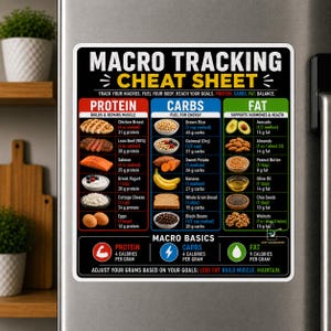 以下が含まれることがあります： タンパク質、炭水化物、脂質の3つの列に分かれたマクロトラッキング・チートシートが印刷された長方形の冷蔵庫用マグネット。様々な食品、その分量、グラム単位の栄養価、および1グラムあたりのカロリーが記載されています。